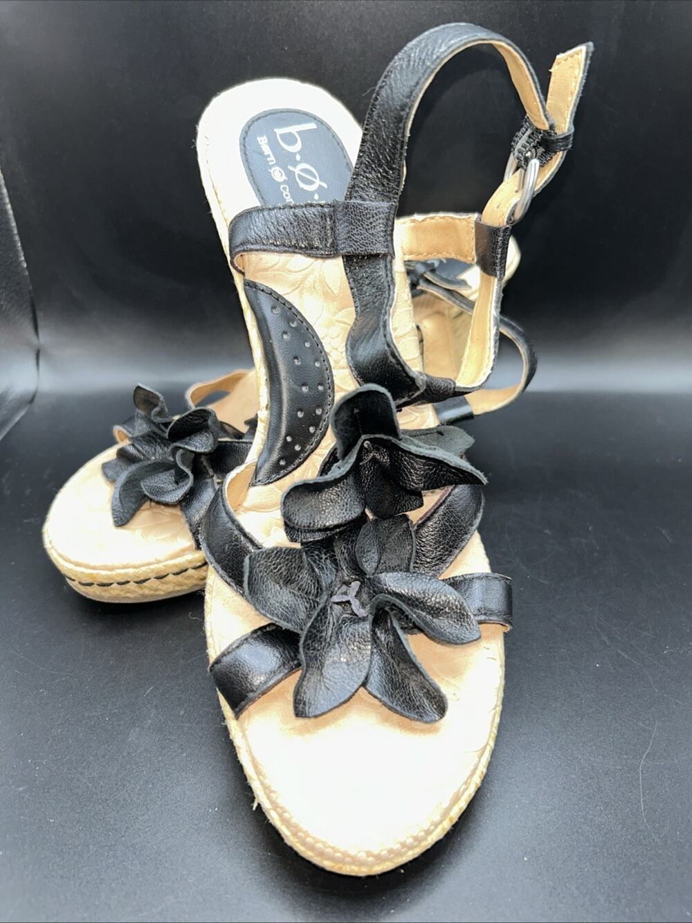 Born B.O.C. Edith Leather Flower Wedge Sandal 8M Black Comfort Wedding Summer